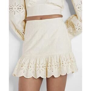 NWT Womens Express Ruffle Embroidered Mini Skirt White Floral 100% Cotton Sze 12